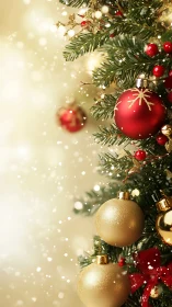 Christmas tree branch with red and gold ornaments in focus.