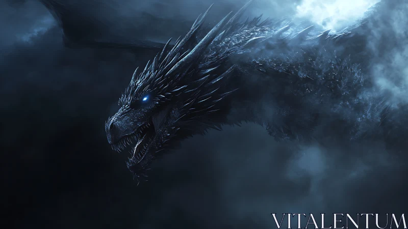 Ice dragon emerges through storm cloud with glowing eyes