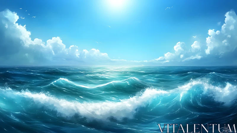 High-noon ocean swells under clear sky with cumulus banks