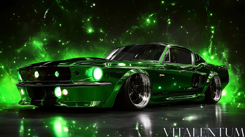 Emerald muscle car glows against neon cosmic energy field