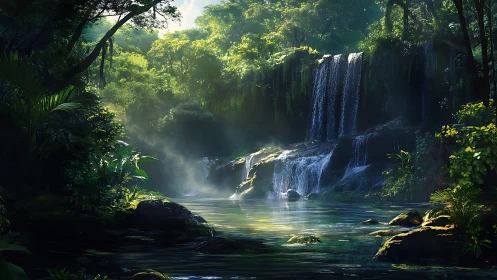 Dense forest waterfall and reflective pool under filtered light.