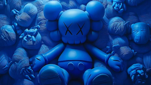 Blue vinyl dreamchild dozing on a sea of restless toys.