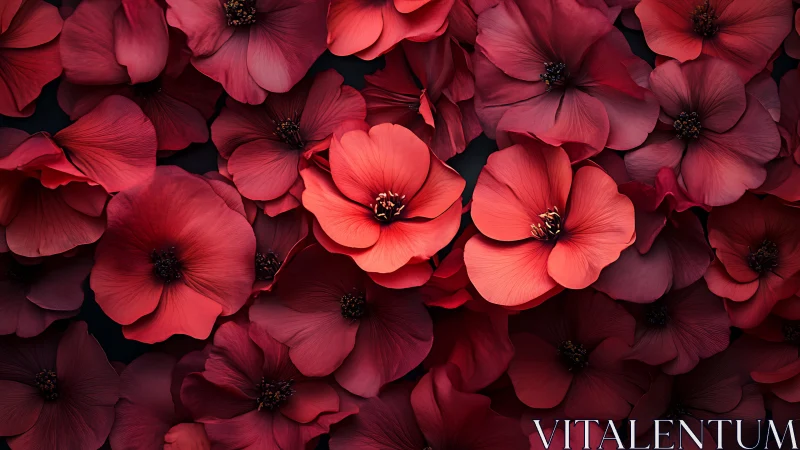 Red cosmos flowers densely layered against black background.