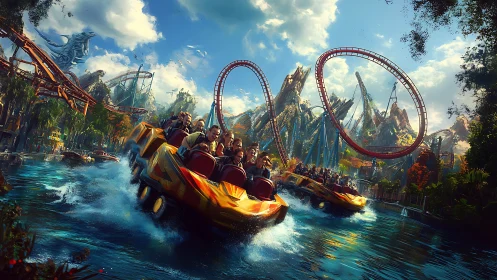 Thrill-seekers race across water beneath looping coaster peaks