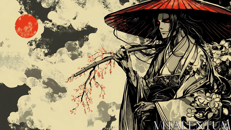 Red-eyed ronin under vermilion sun with ink-wash clouds.