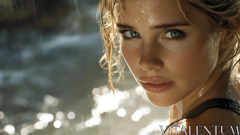 Stormlit gaze by the water’s edge, freckles catching daylight.