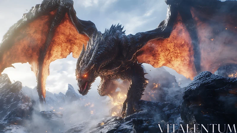 Volcanic dragon rendered with high-detail scales and emissive wings