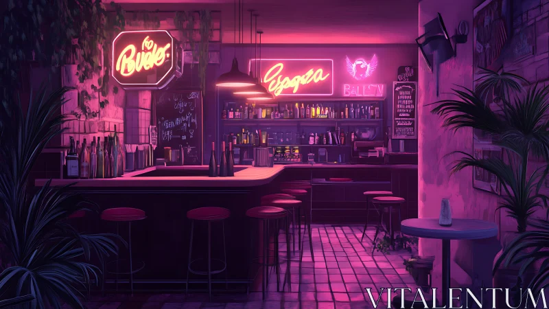 Neon lit bar interior with bottles, stools and wall plants.