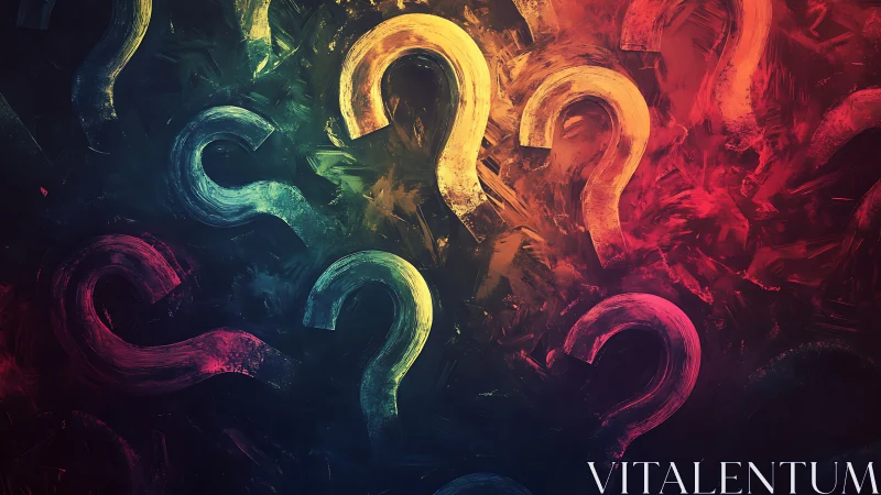 Colorful question mark pattern over textured dark field.
