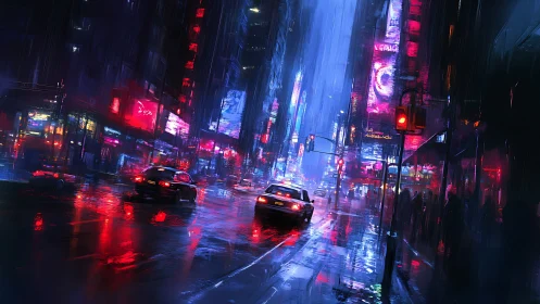 Rain-soaked night city street with neon traffic lights scene.