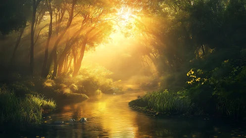 Golden morning light gently fills a peaceful forest river