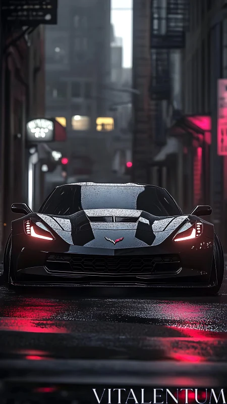 Sports car is parked in a wet urban alley at night