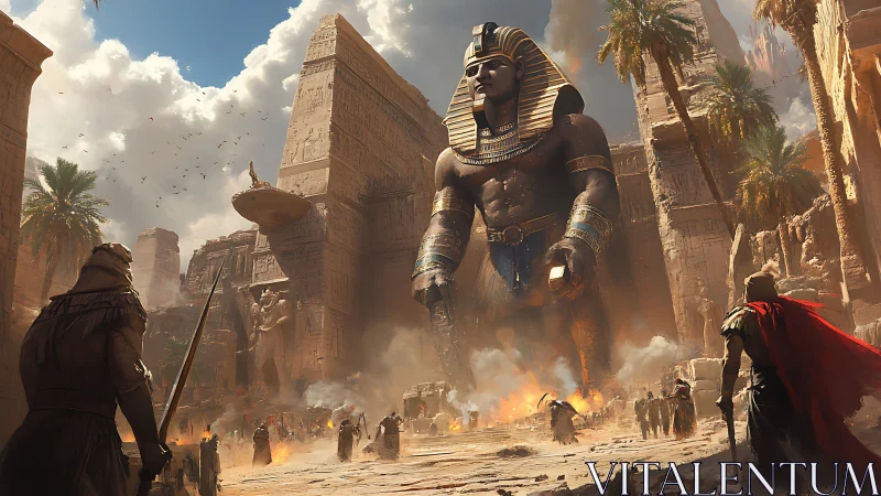 Colossal pharaoh awakens in a storm of sand and fire.