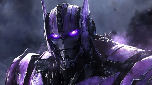 Cyberpunk mecha portrait with violet plasma optics and armor plating.