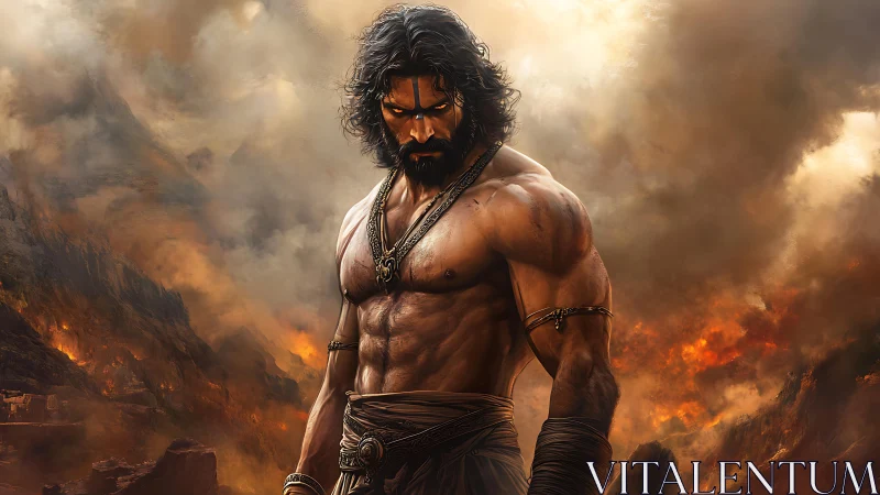 Muscular warrior stands amid volumetric fiery smoke and ruined cliffs