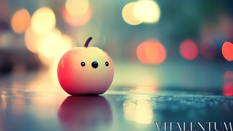Shy neon apple character basking in dreamy city bokeh glow.