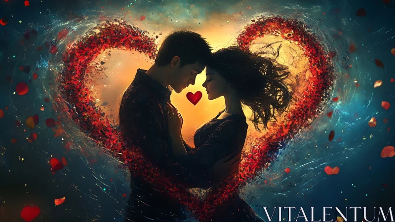 Two figures positioned within large red heart frame against warm light source.