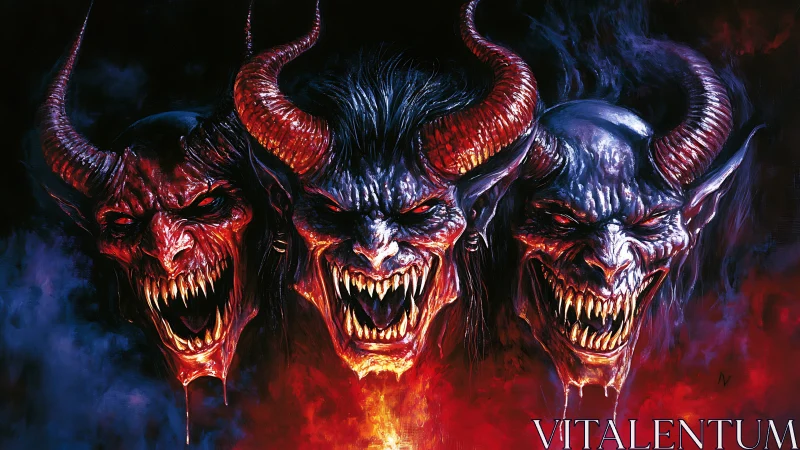 Triple-horned demon visages emerging from infernal smoke.