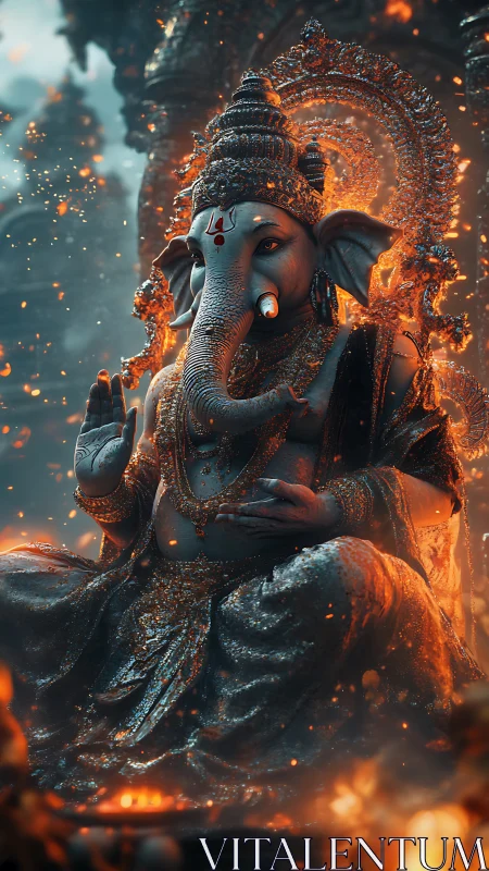 Radiant Ganesha statue glows softly amid embers and dusk.