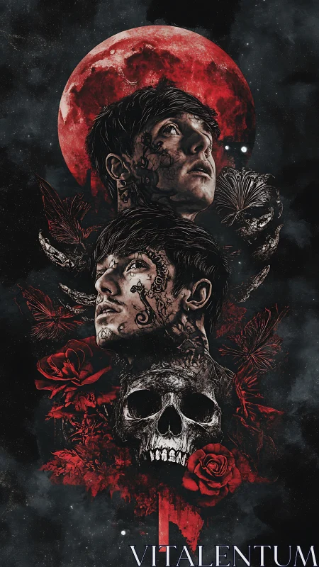 Dual portraits, red lunar backdrop and skull form a gothic totem