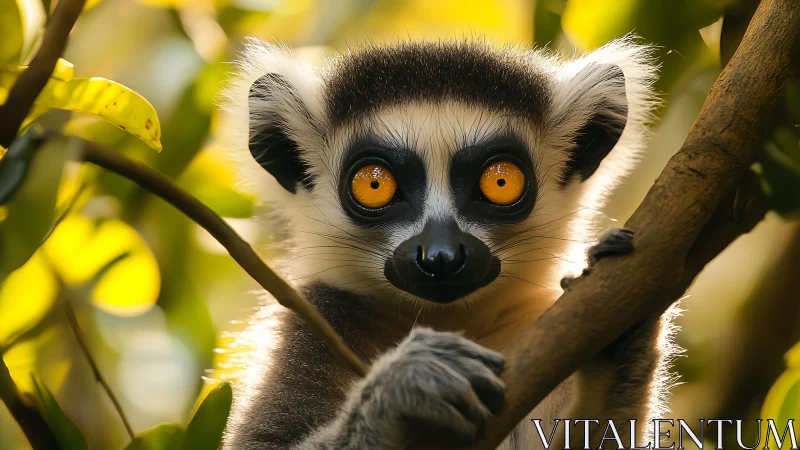 Ring-tailed lemur stares with vivid amber eyes in foliage.