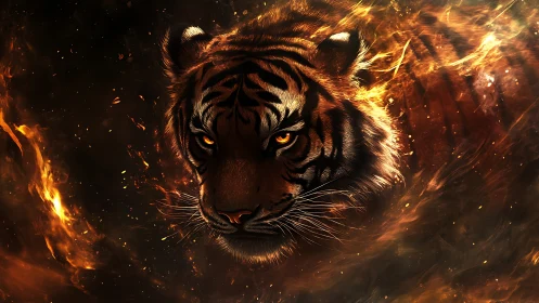 Tiger head in fiery abstract environment, frontal view.