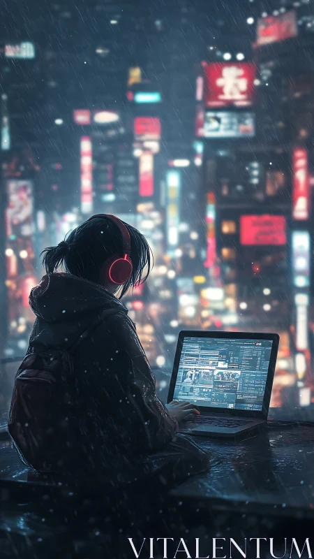 Neon city hacker on rooftop in rain soaked solitude.