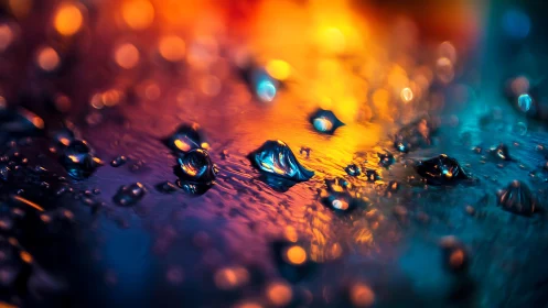 Luminous water droplets glow in vivid orange and teal light.