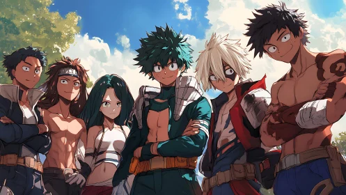 Heroic anime squad stands united under bright summer sky.