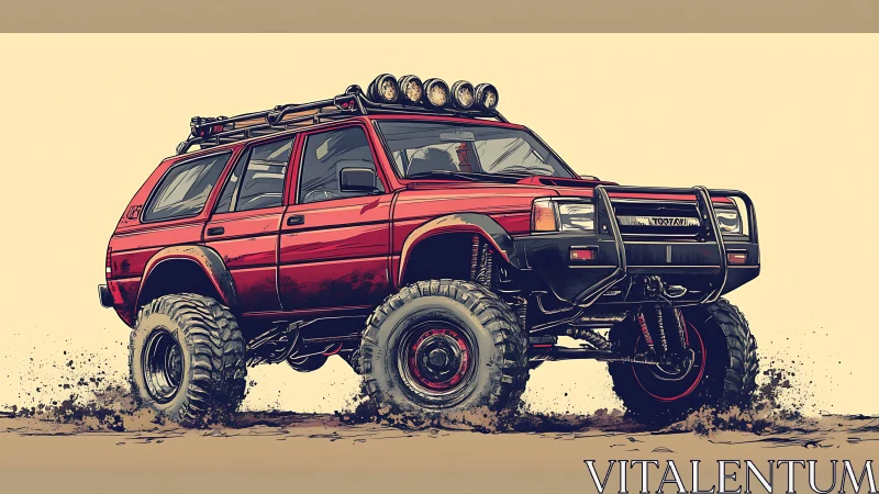 Red lifted off-road SUV accelerates across loose dirt