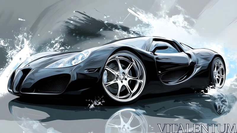 Digital painting of black supercar slicing through spray.