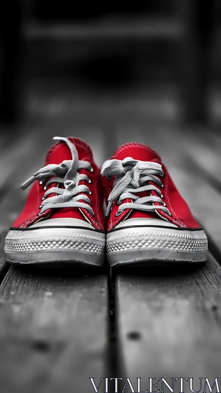 Red sneakers rest on weathered boards in selective color focus.
