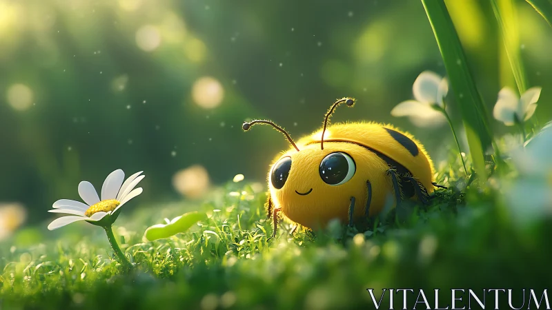 Cute ladybug rests in glowing meadow light, smiling softly.
