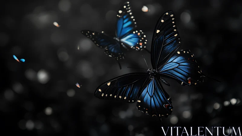 Bioluminescent blue butterflies glide through a nocturnal bokeh field