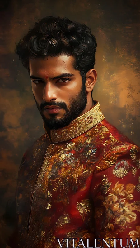 Regal male portrait in ornate red sherwani with painterly bokeh