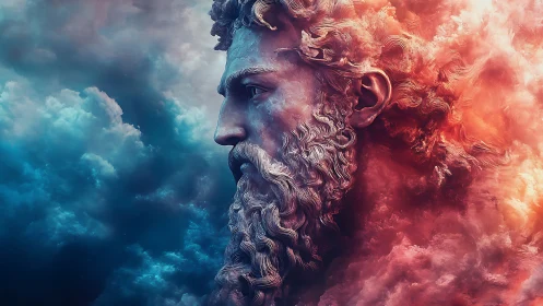 Mythic stone god head emerging from swirling clouds.