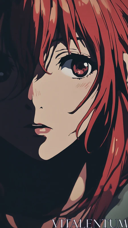 Half-lit red-haired heroine caught in quiet, burning thought.