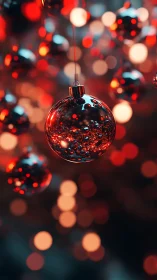 Gleaming red bauble amid defocused festive light orbs.