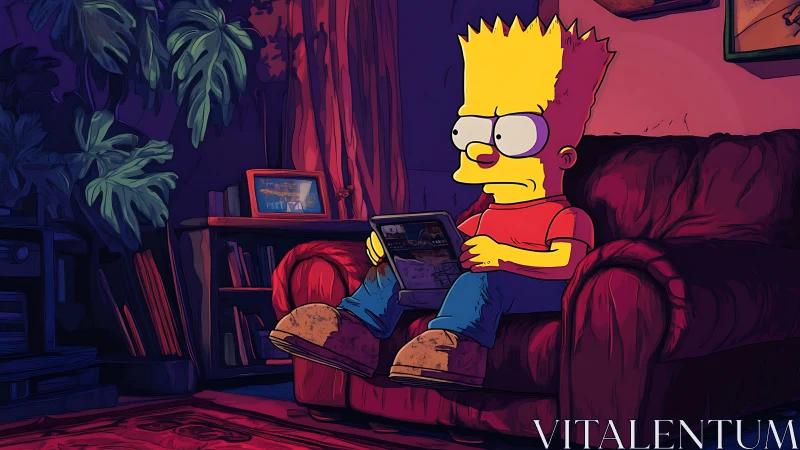 Cartoon kid unwinding on a cozy couch with a tablet.