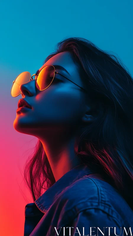Side profile of woman in sunglasses under neon lighting