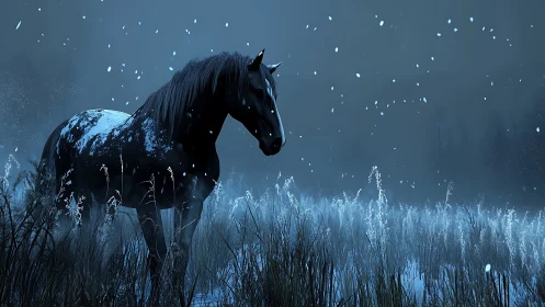 Midnight horse wandering softly through falling snow.
