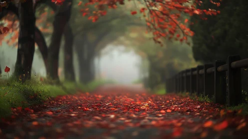 Autumn lane receding into soft atmospheric perspective haze