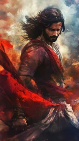 Warrior in crimson vortex with dynamic painterly turbulence.