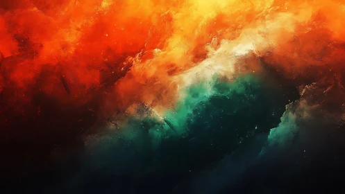 Fiery nebula clouds collide with emerald cosmic waves.