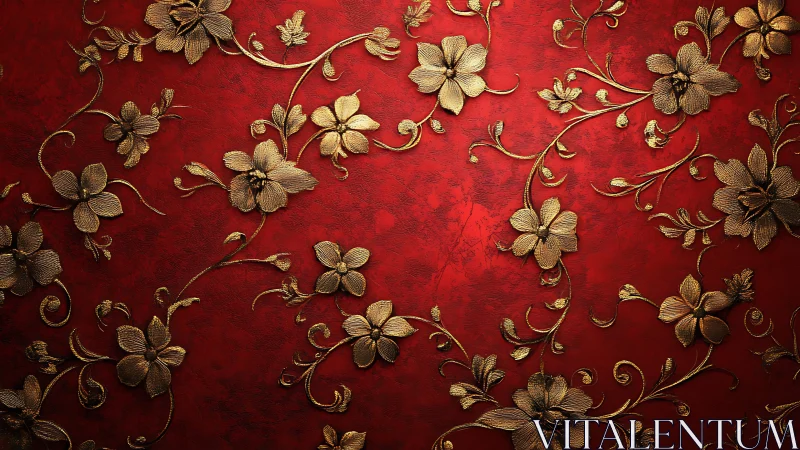 Red textile surface with embossed metallic gold floral patterns throughout.