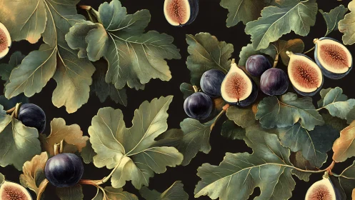 Vintage fig botanical pattern with dark leafy backdrop.
