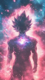 Backlit cosmic warrior silhouette radiates concentrated nebular core