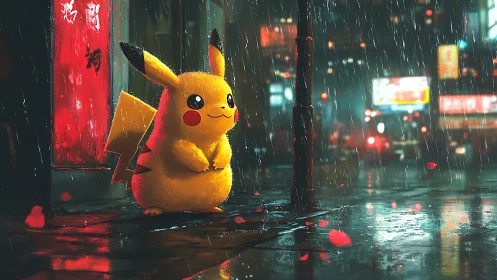 Neon-lit yellow creature in cinematic rainy city street scene.