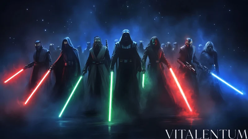 Cloaked warriors advance through volumetric fog with glowing sabers