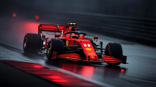 Red Formula 1 car slices through a wet, midnight racetrack